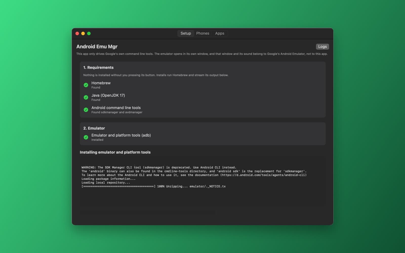 Screenshot of Android Emu Mgr running on a Mac