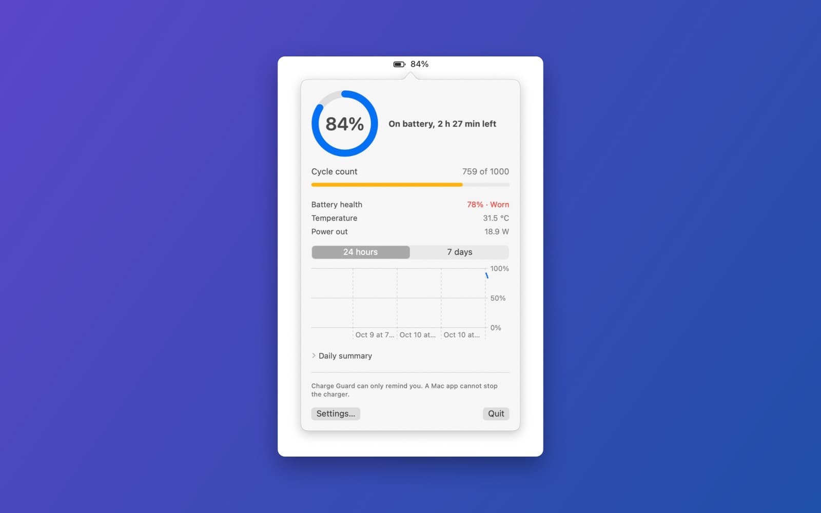 Screenshot of Charge Guard running on a Mac