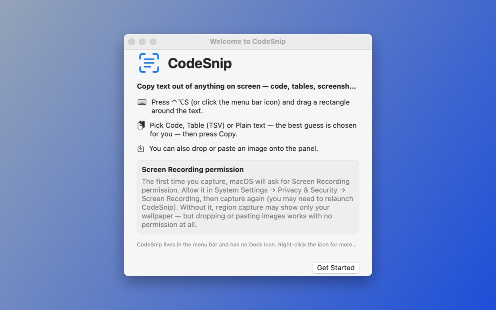 Screenshot of CodeSnip running on a Mac