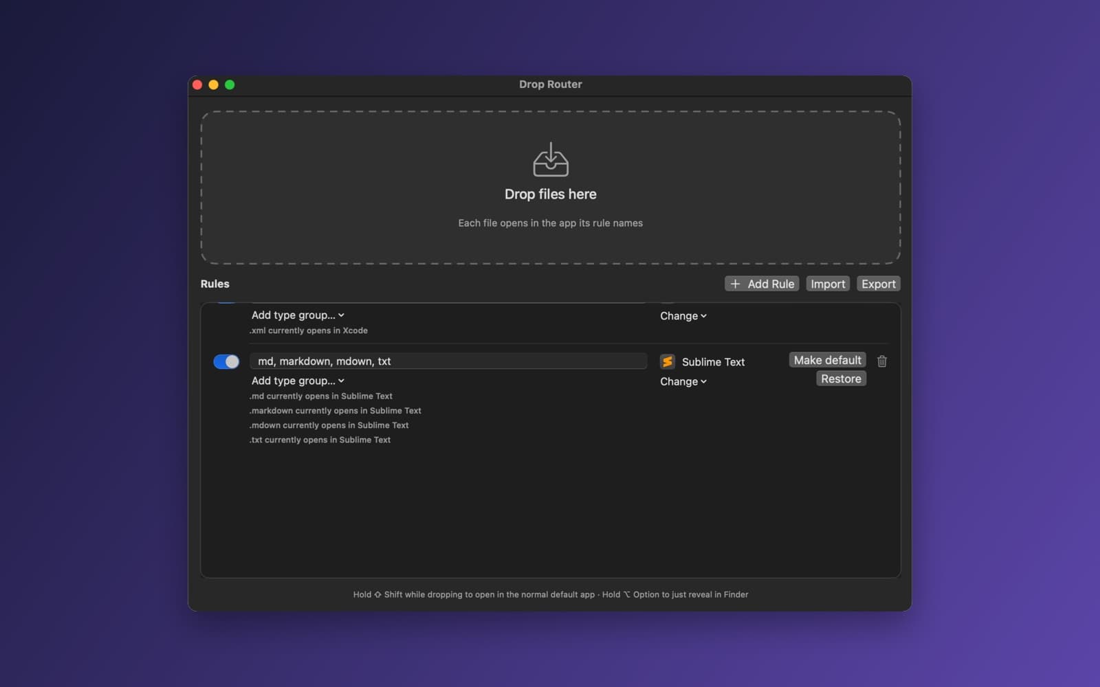 Screenshot of Drop Router running on a Mac