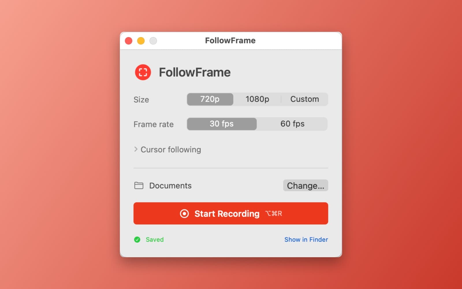 Screenshot of FollowFrame running on a Mac