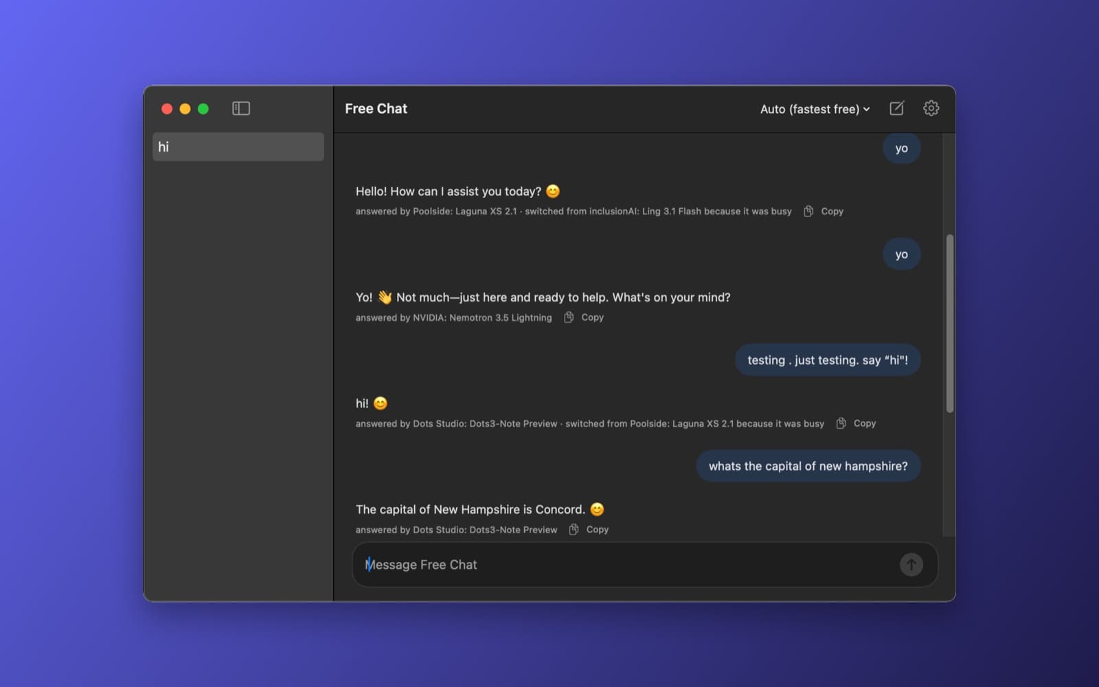 Screenshot of Free Chat running on a Mac