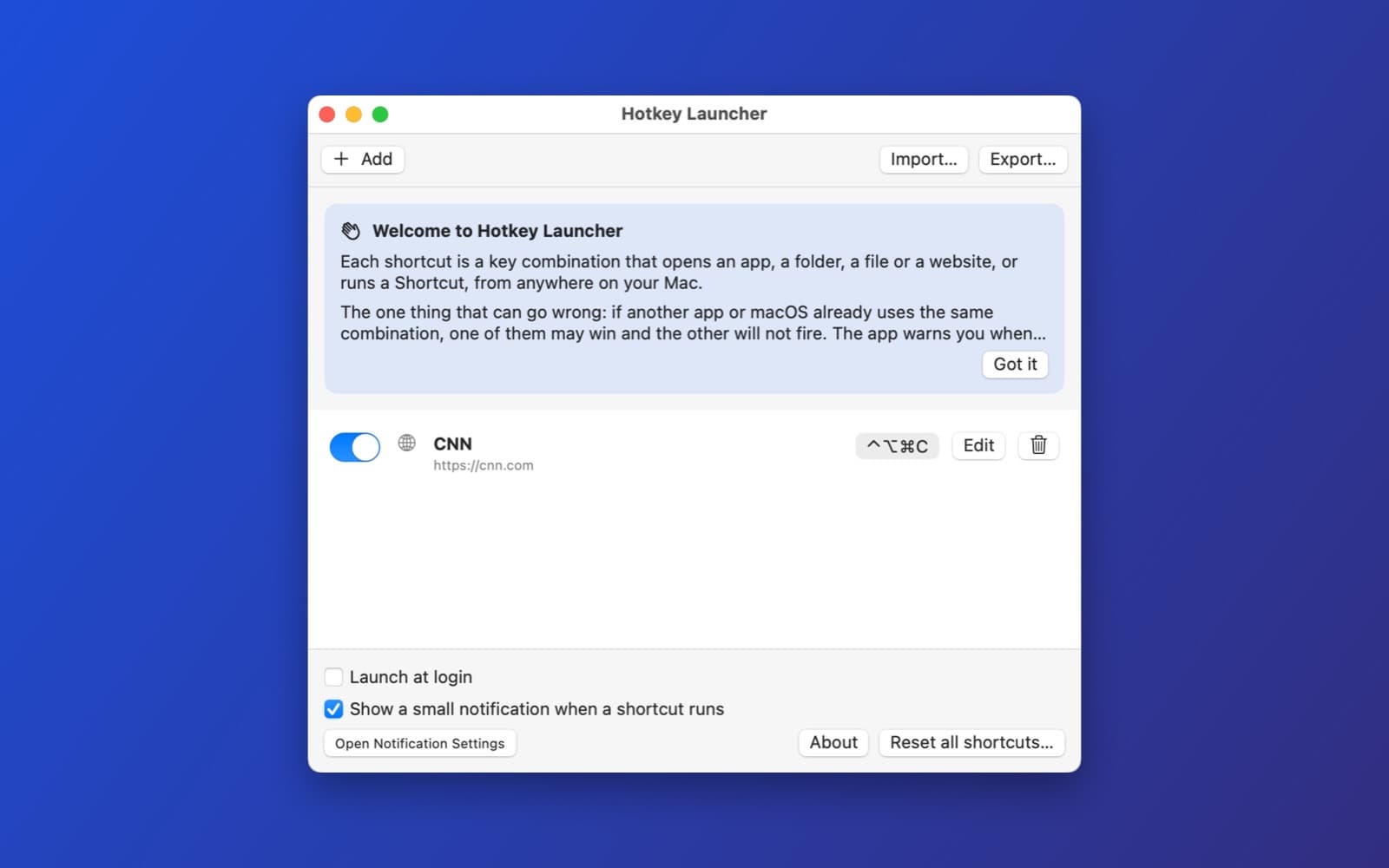 Screenshot of Hotkey Launcher running on a Mac