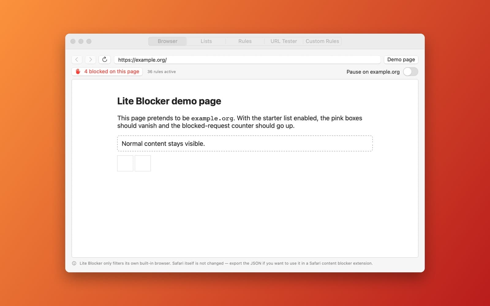 Screenshot of Lite Blocker running on a Mac