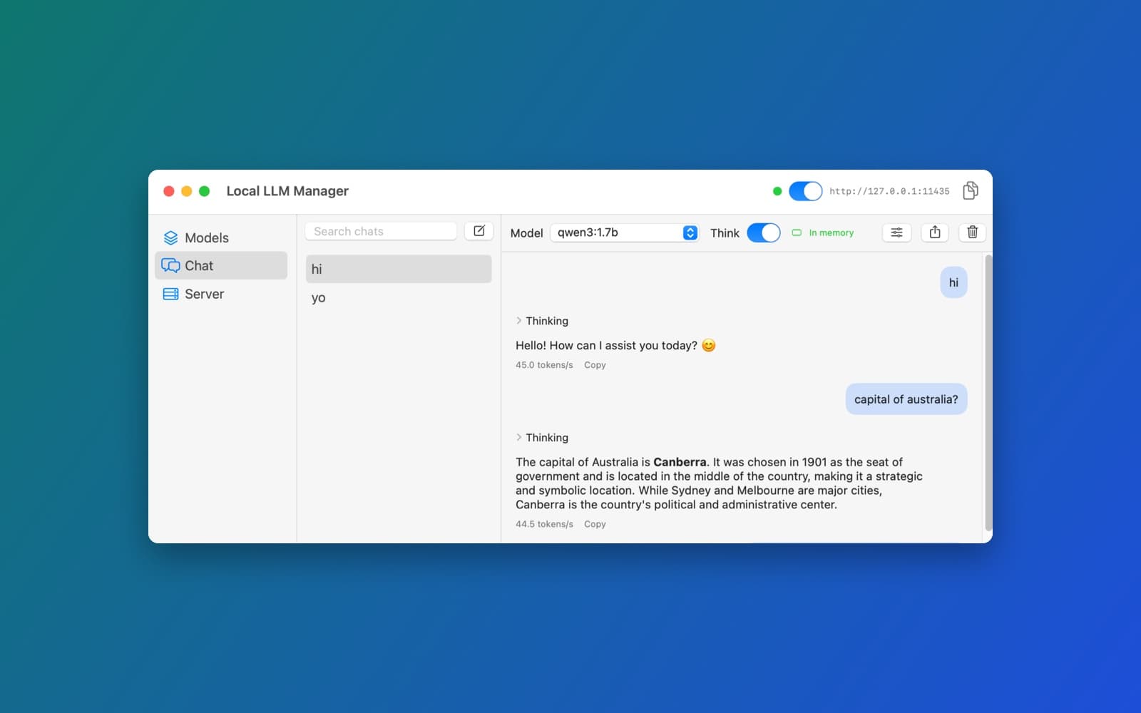 Screenshot of Local LLM Manager running on a Mac