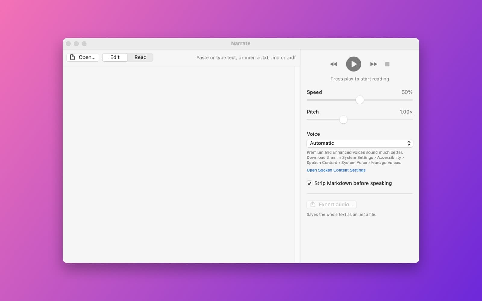 Screenshot of Narrate running on a Mac