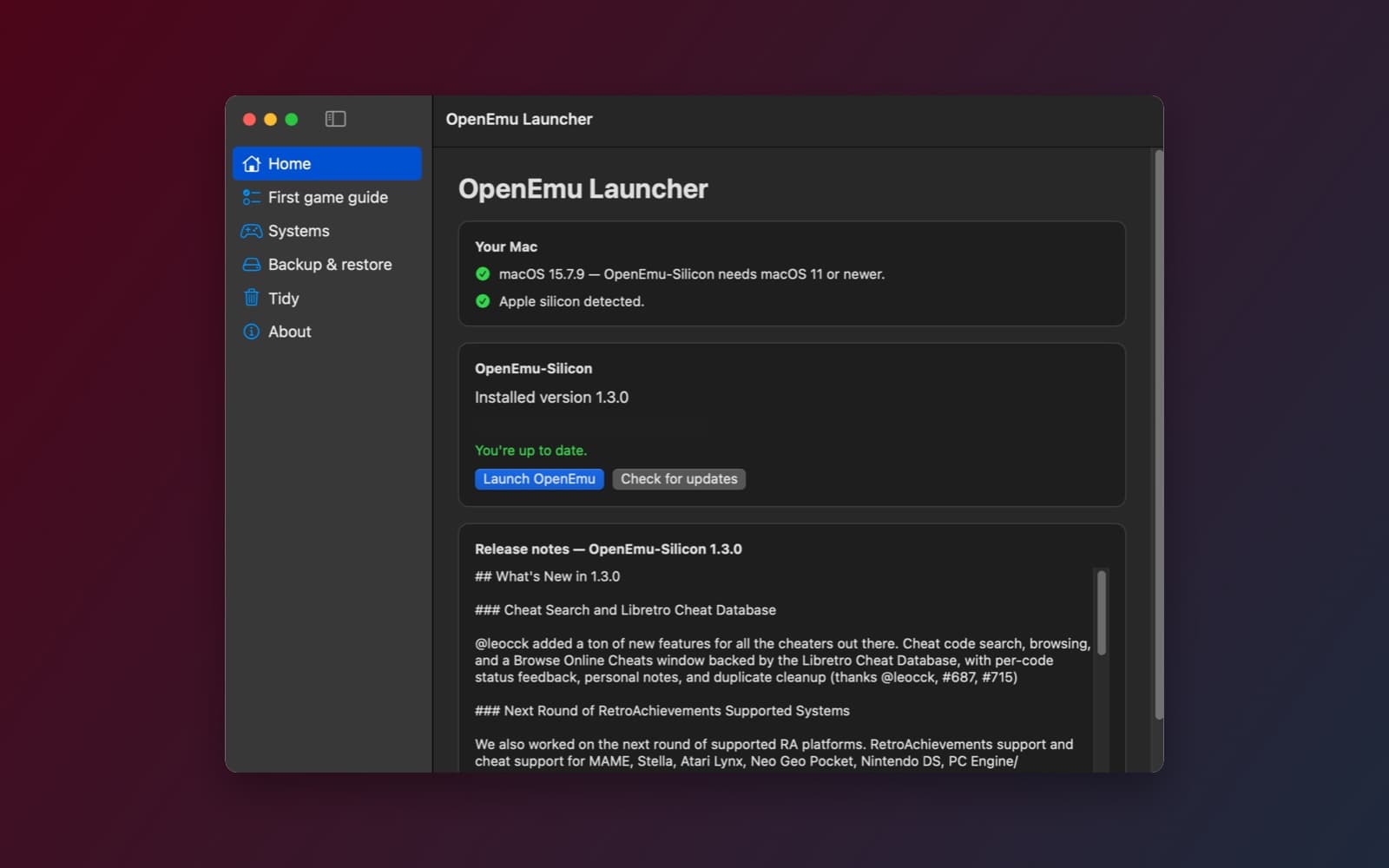 Screenshot of OpenEmu Launcher running on a Mac