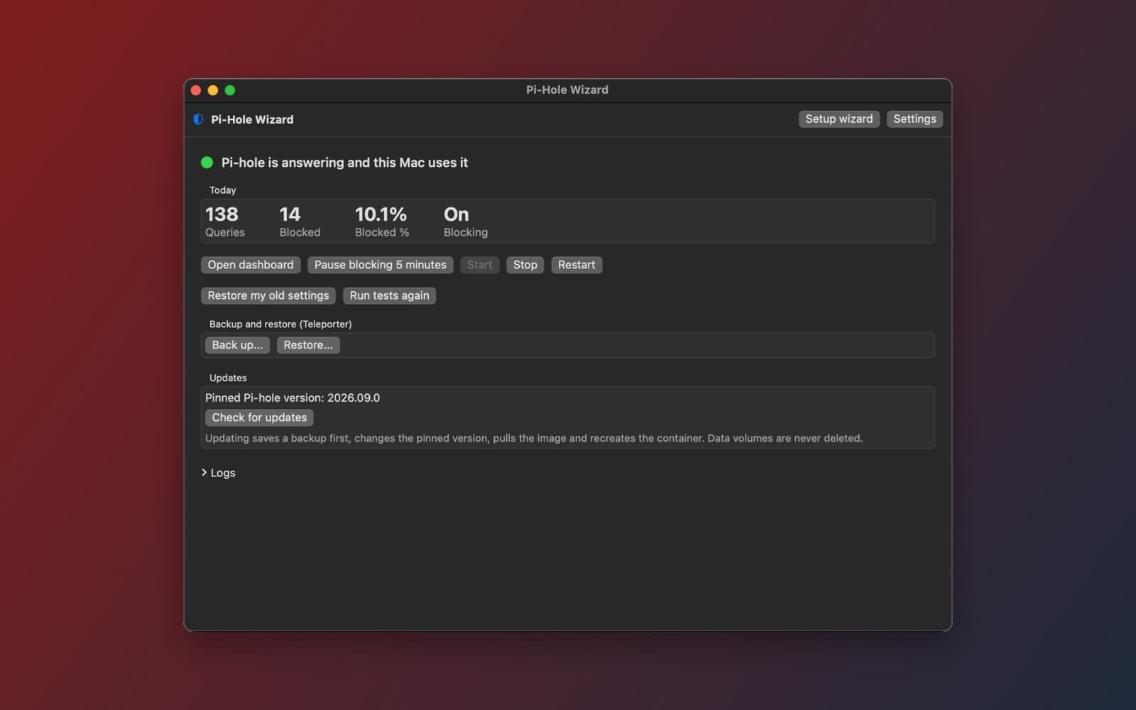 Screenshot of Pi-hole Wizard running on a Mac
