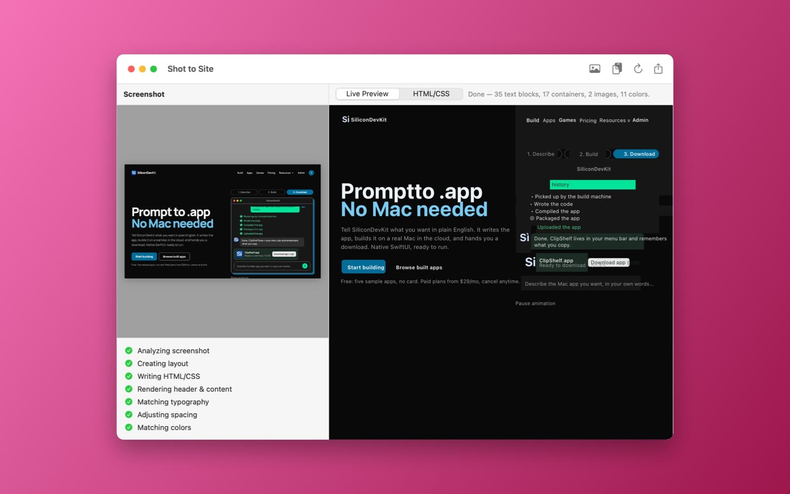 Screenshot of Shot to Site running on a Mac