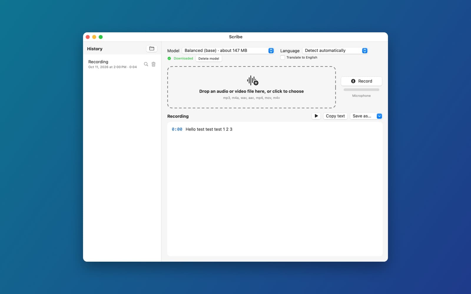 Screenshot of Speech to Text (STT) running on a Mac