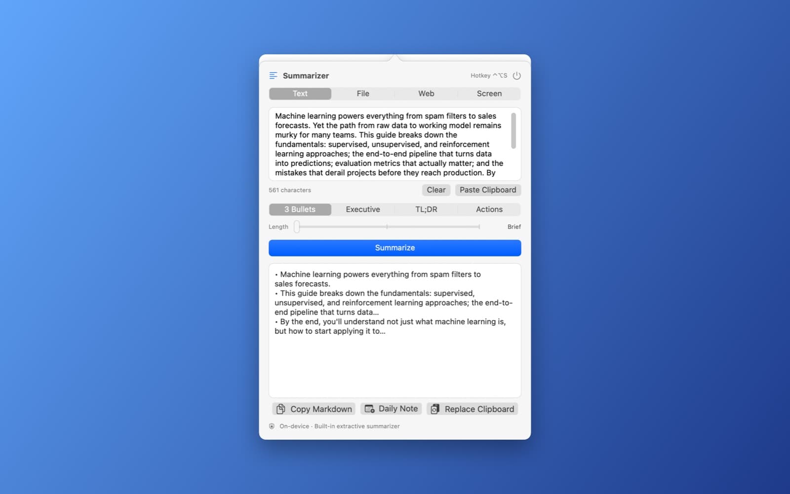 Screenshot of Summarizer running on a Mac
